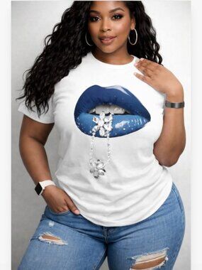 Blue Diamond Lips Graphic Tee – Chic Statement T-Shirt in White